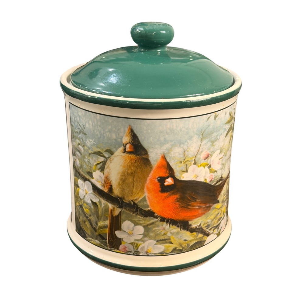 Tone World Hautman Brothers Cardinal Bird Ceramic Canister Green Lid 2003